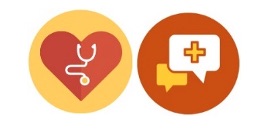 A stethoscope in a heart and chat box in a heart in orange and yellow 